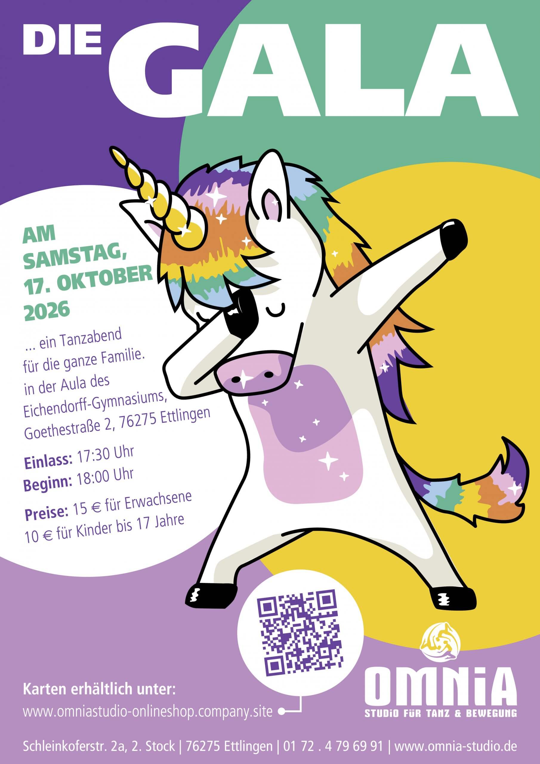 Ein buntes Einhorn tanzt auf einer Bühne und wirbt für die Familien-Tanzveranstaltung „Die Gala“ am 17. Oktober 2026 in Ettlingen